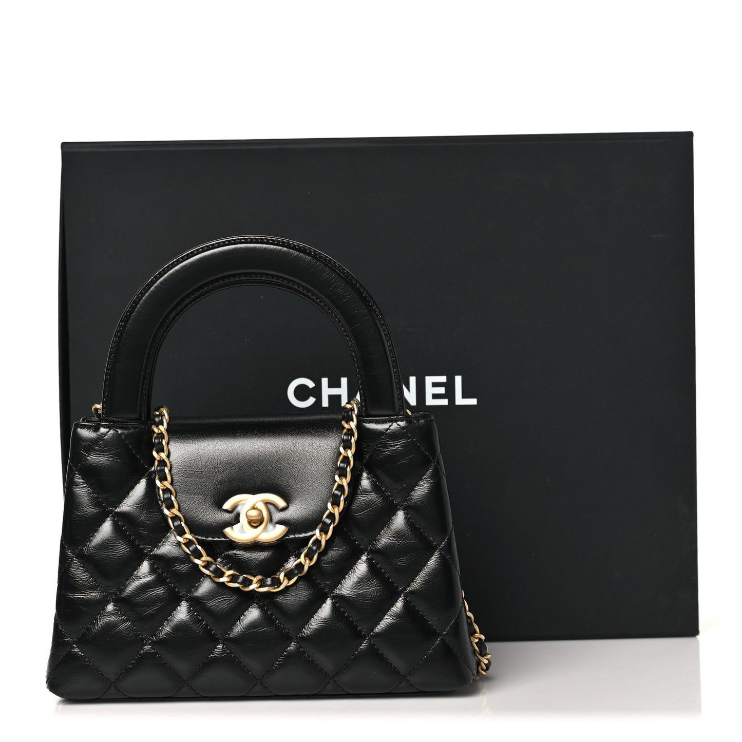 Shiny Aged Calfskin Quilted Nano Kelly Shopper Black