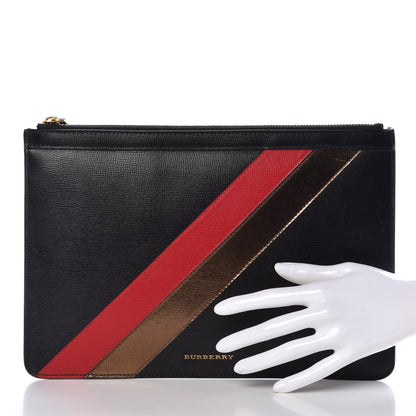 Burberry Metallic Grained Calfskin Striped Zip Pouch Black 2 of 6