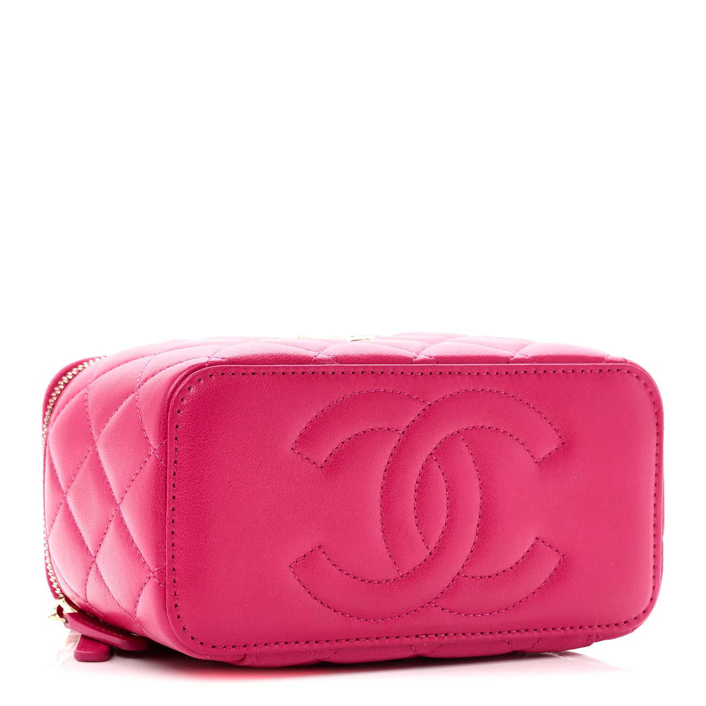 Lambskin Quilted Small Charming Top Handle Vanity Case With Chain Dark Pink