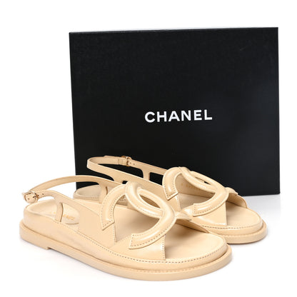 Chanel Crumpled Shiny Lambskin CC Cut Out Dad Sandals 40 Beige 10 of 10