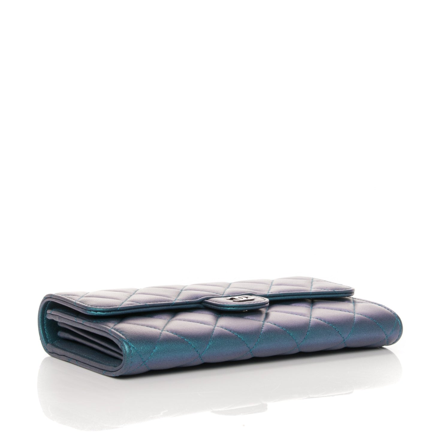 Metallic Lambskin Quilted Large Gusset Flap Wallet Turquoise