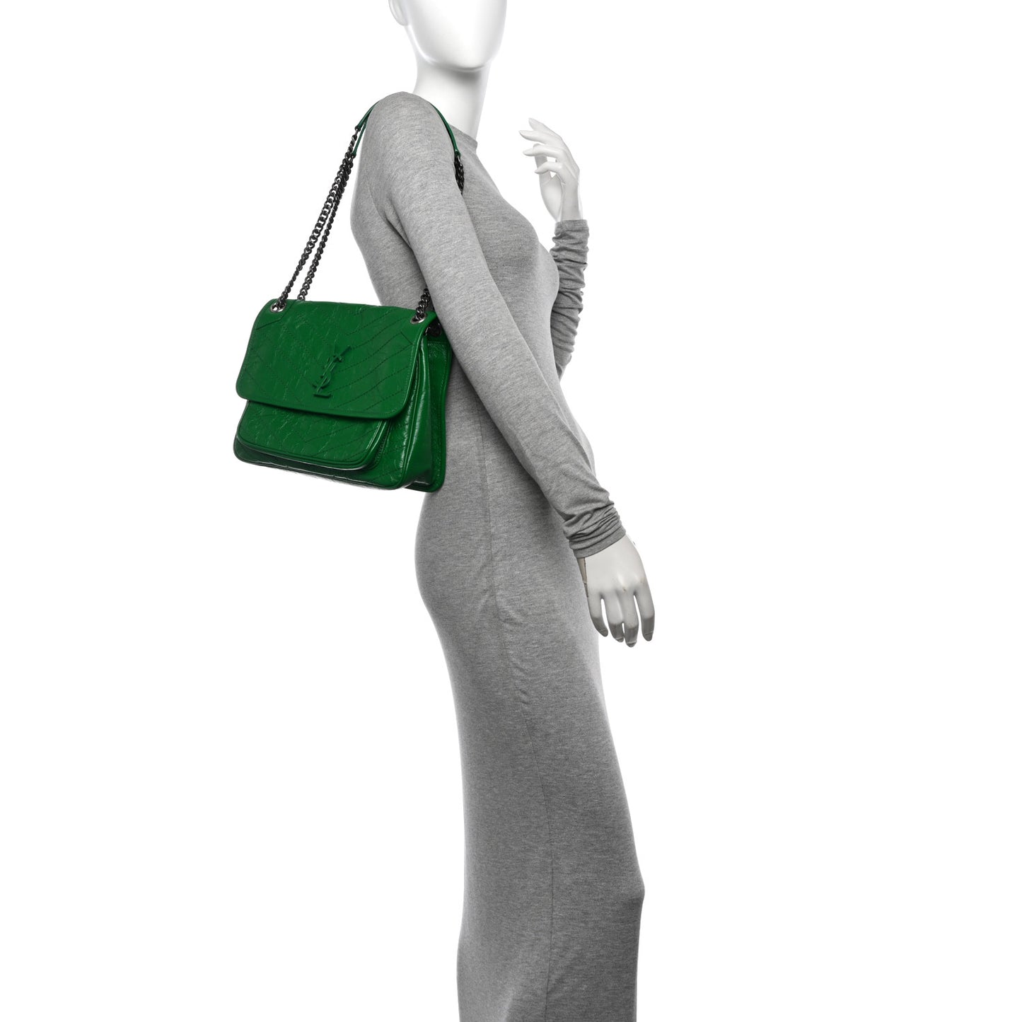 Crinkled Calfskin Matelasse Monogram Medium Niki Chain Satchel New Vert Praire
