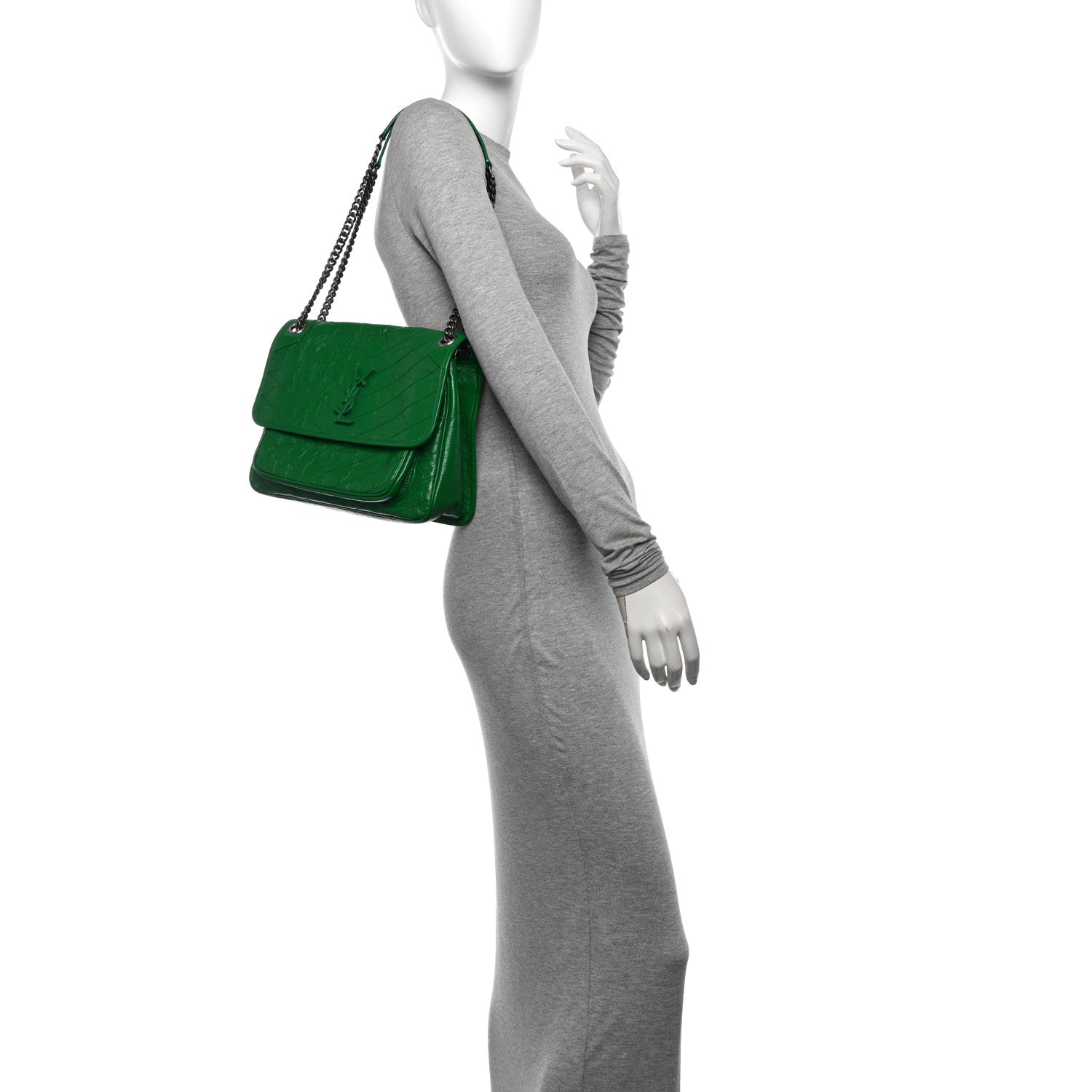 Saint Laurent Crinkled Calfskin Matelasse Monogram Medium Niki Chain Satchel New Vert Praire 2 of 10
