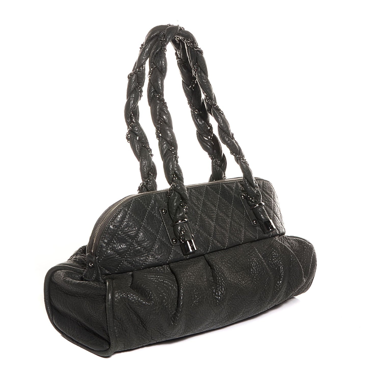 Distressed Lambskin Lady Braid Large Satchel Dark Grey