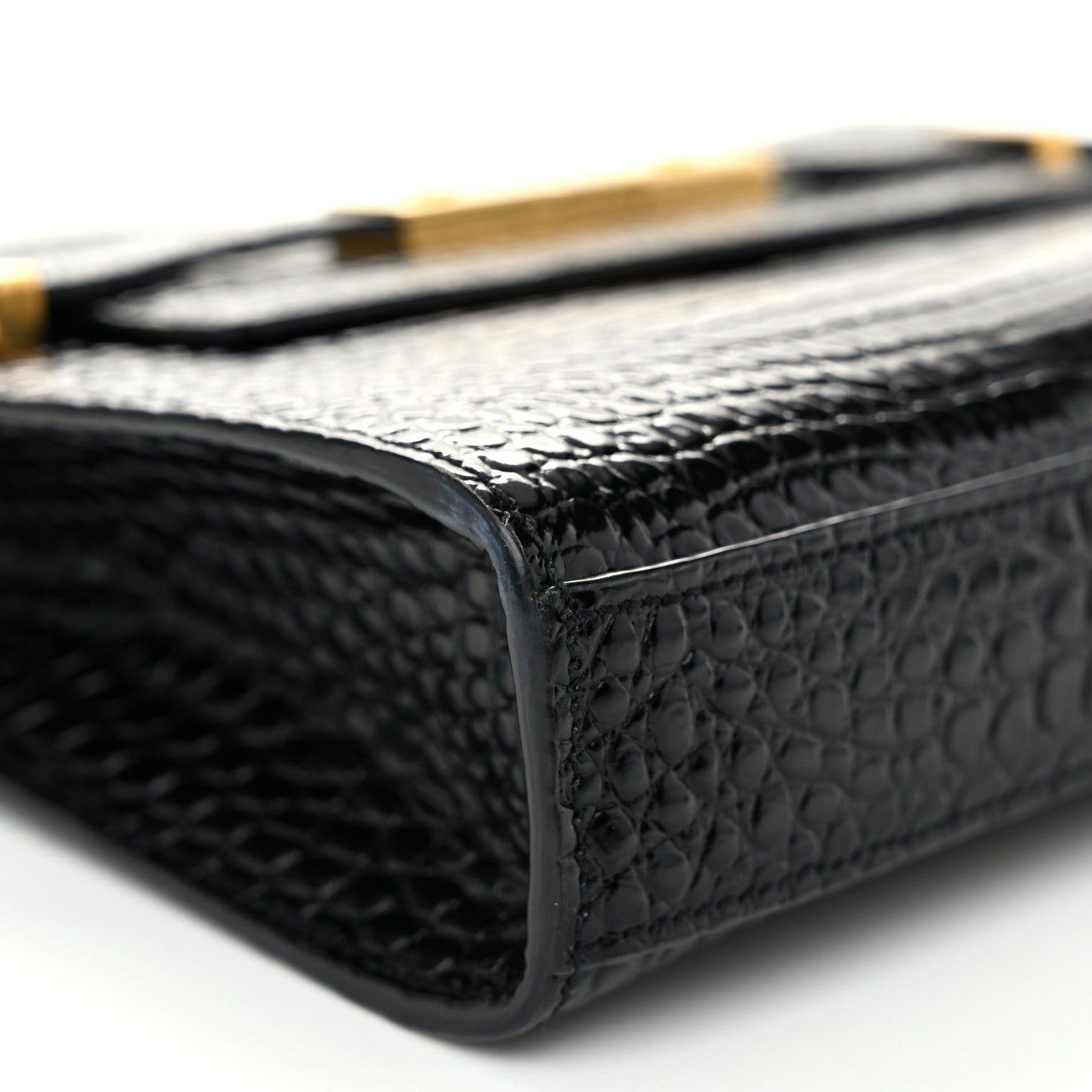 Saint Laurent Shiny Calfskin Crocodile Embossed Small Manhattan Baguette Black 8 of 10