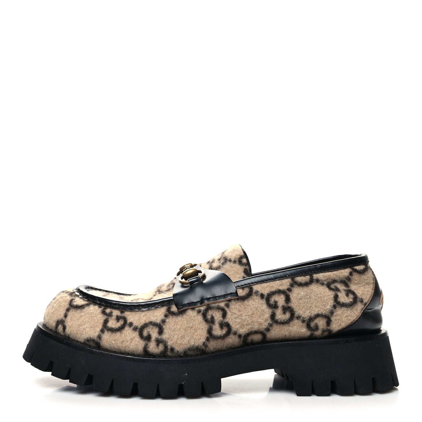 Covered Wool Cordovan Lux GG Monogram Mens Harald Horsebit Platform Loafers 9 Beige Ebony