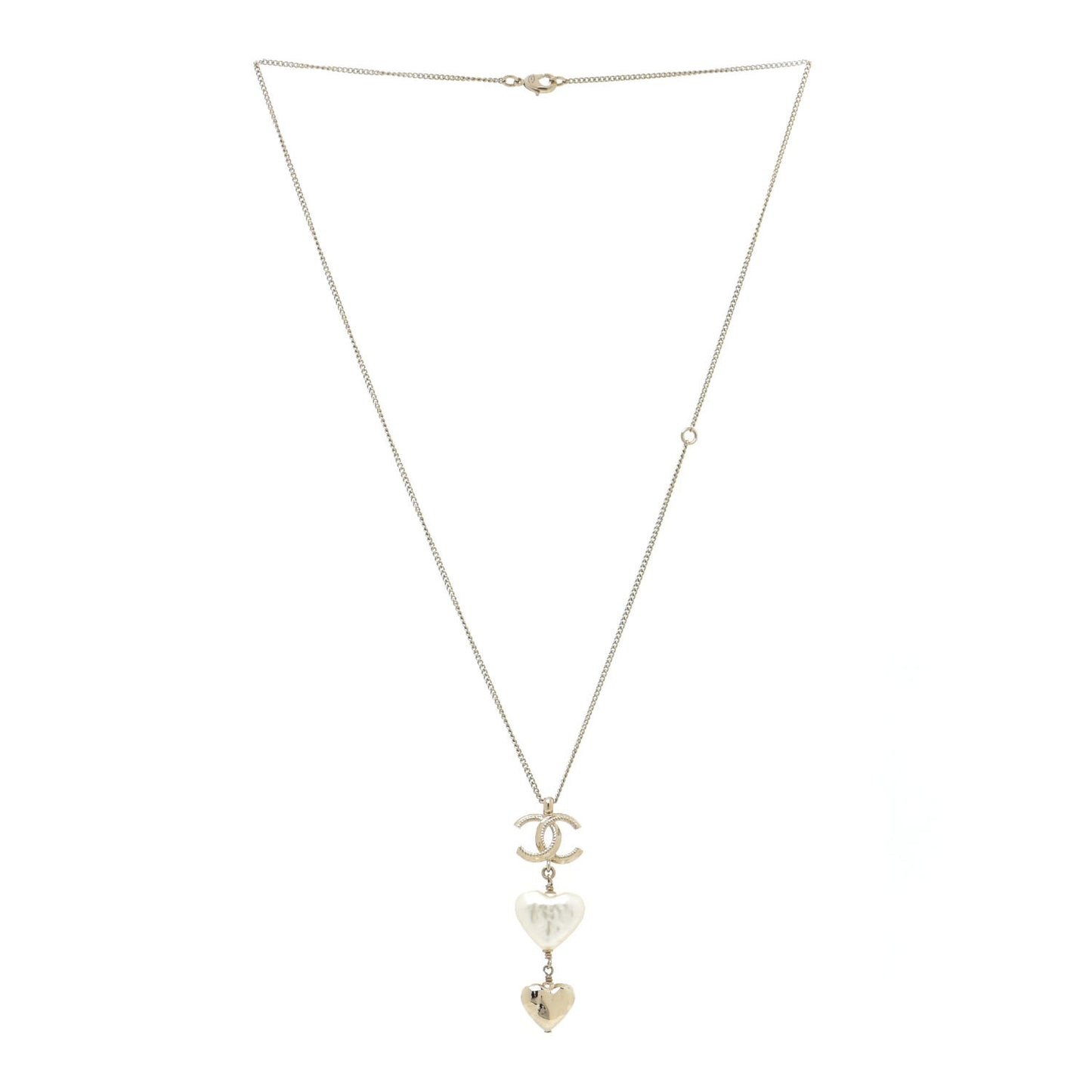 Pearl CC Double Heart Drop Necklace Pearly White Gold