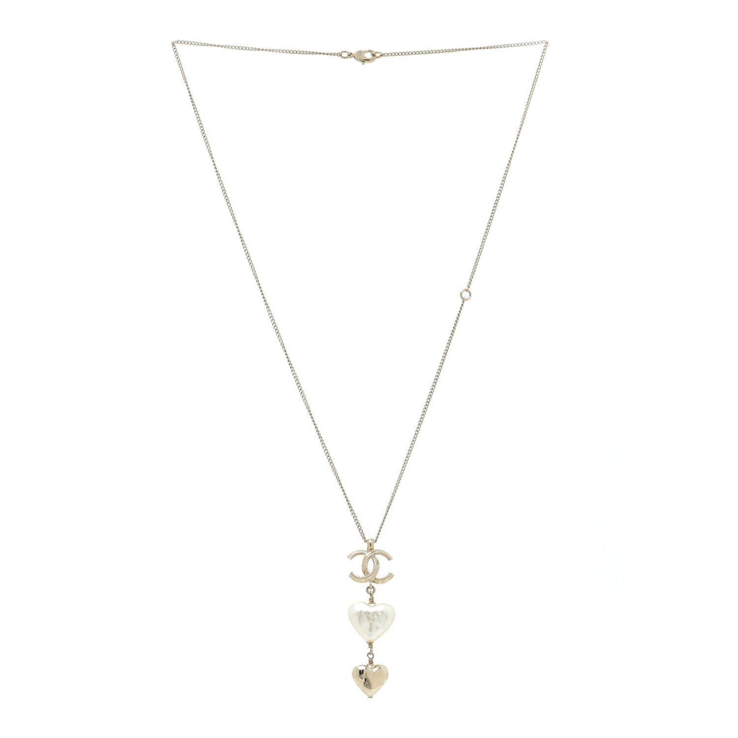 Chanel Pearl CC Double Heart Drop Necklace Pearly White Gold 3 of 6
