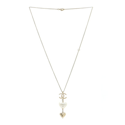 Chanel Pearl CC Double Heart Drop Necklace Pearly White Gold 3 of 6