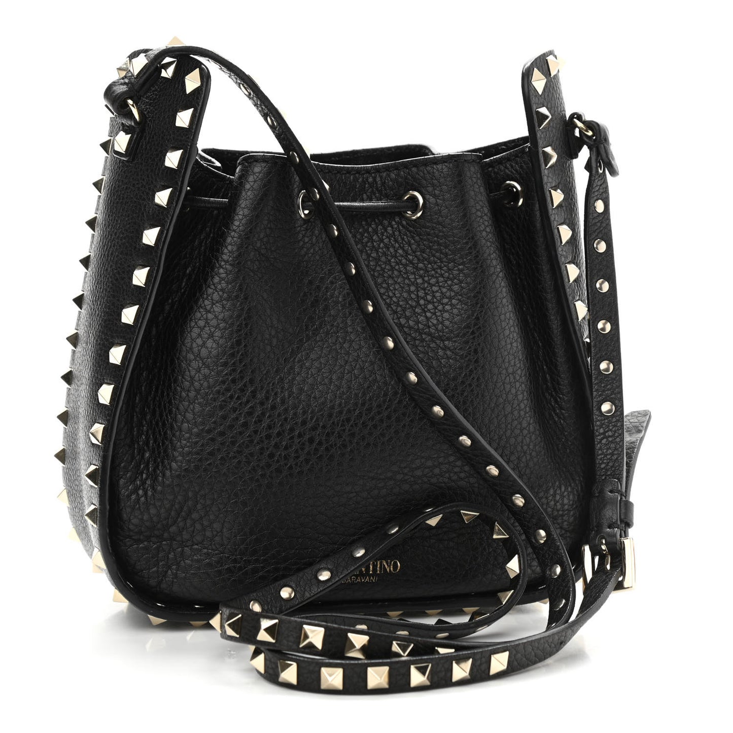 Grained Calfskin Rockstud Bucket Bag Black