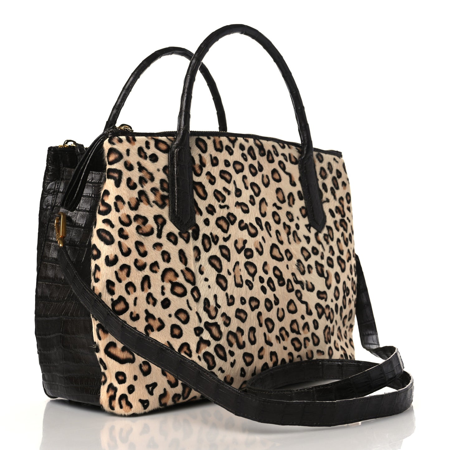 Crocodile Calf Hair Leopard Print Satchel Dark Brown