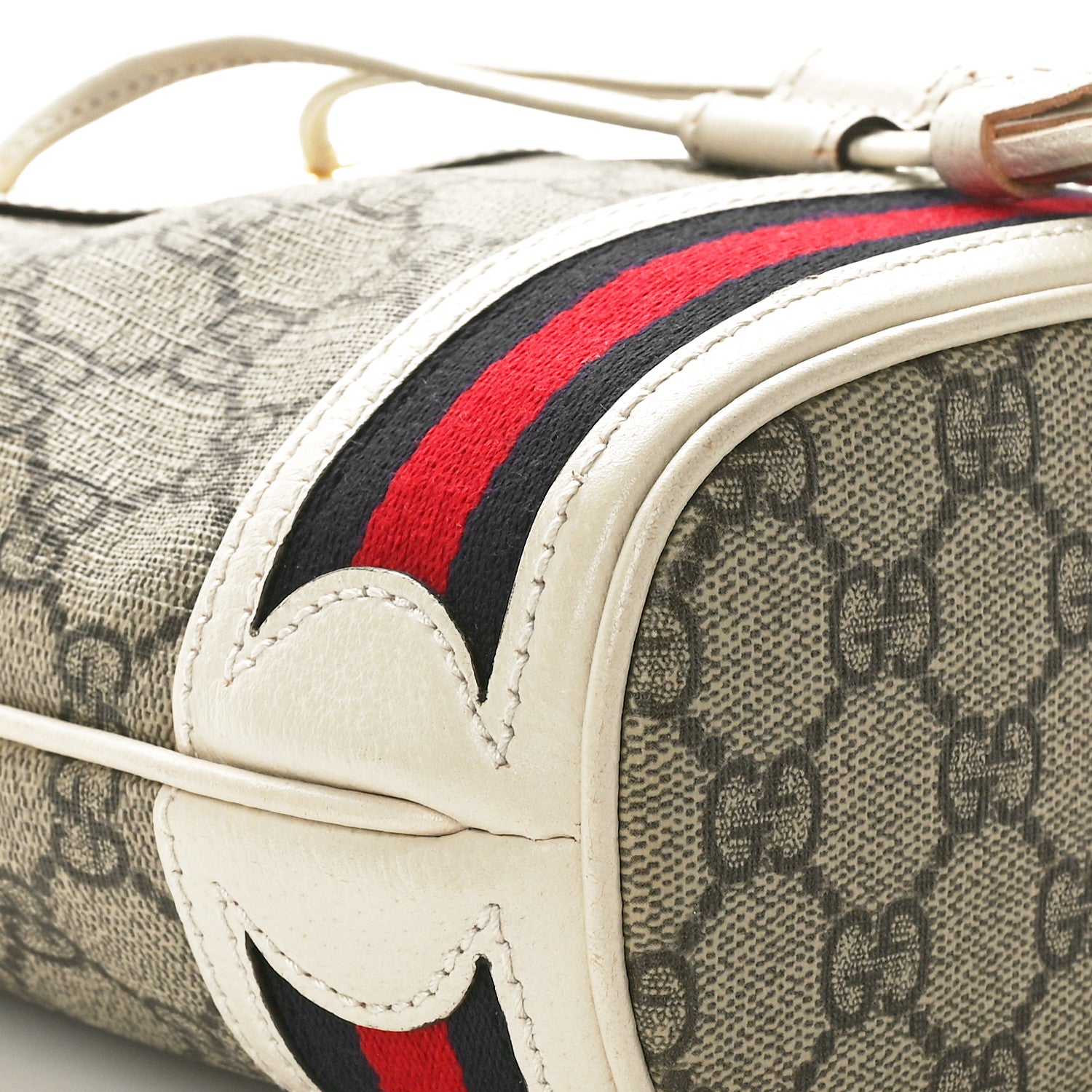 Gucci GG Supreme Monogram Textured Calfskin Web Mini Ophidia Bucket Bag Beige Ebony Mystic White 8 of 9