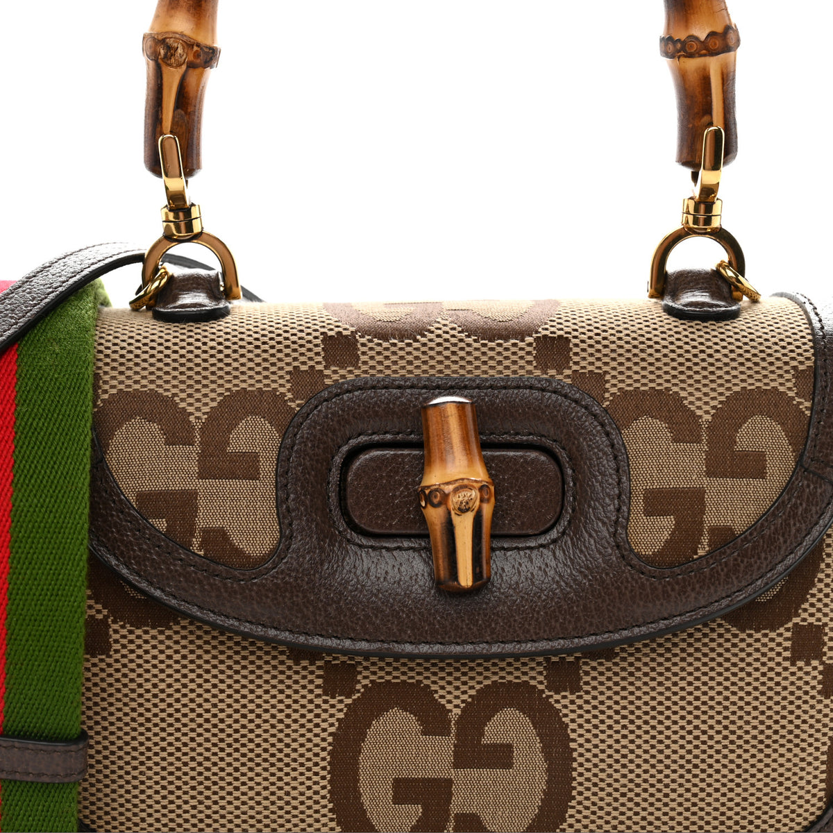 Monogram Jumbo GG Textured Dollar Calfskin Web Small Bamboo 1947 Top Handle Bag Camel Ebony New Acero