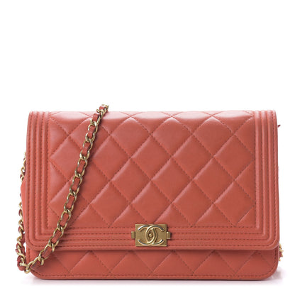 Chanel Lambskin Quilted Boy Wallet On Chain WOC Orange 1 of 11
