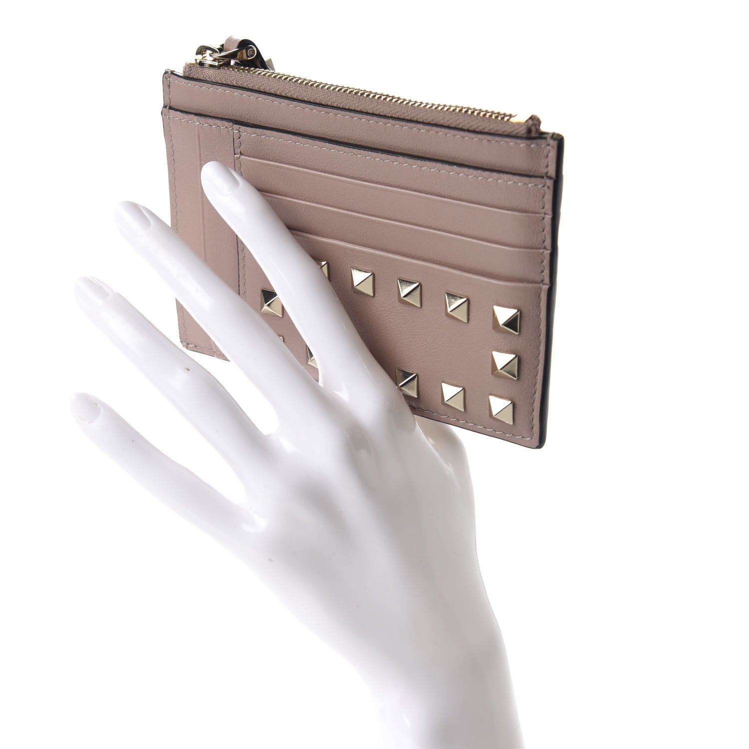 Valentino Garavani Calfskin Rockstud Coin Case Card Holder Poudre 2 of 7
