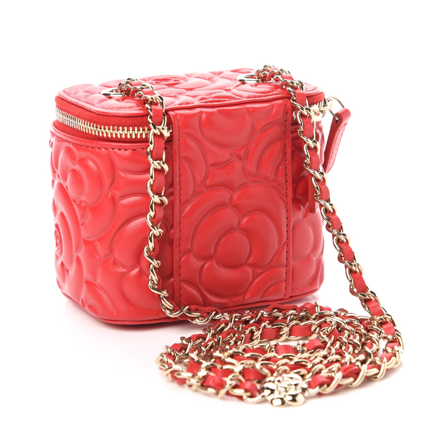 Chanel Lambskin Camellia Embossed Mini Vanity Case With Chain Red 3 of 11