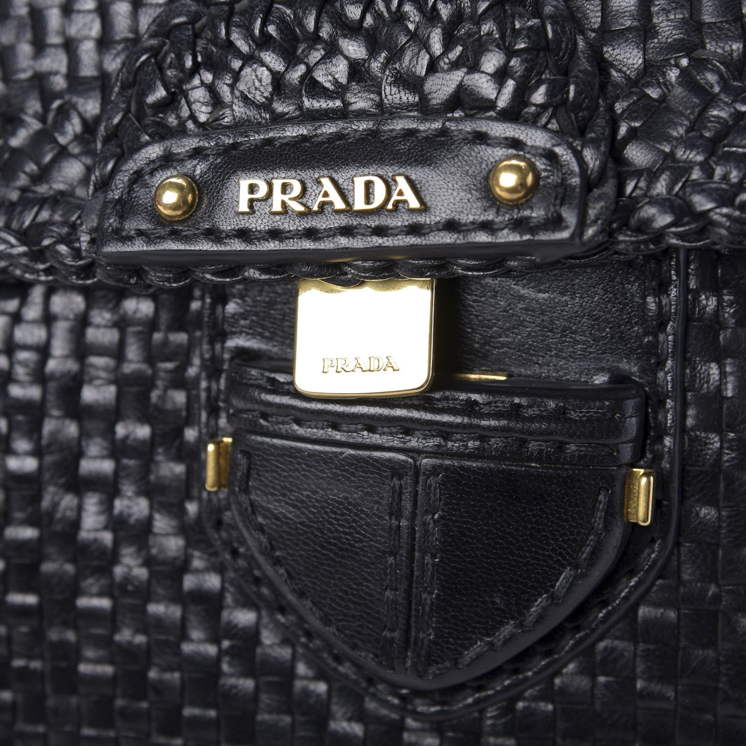 Prada Goatskin Woven Top Handle Satchel Black 12 of 14