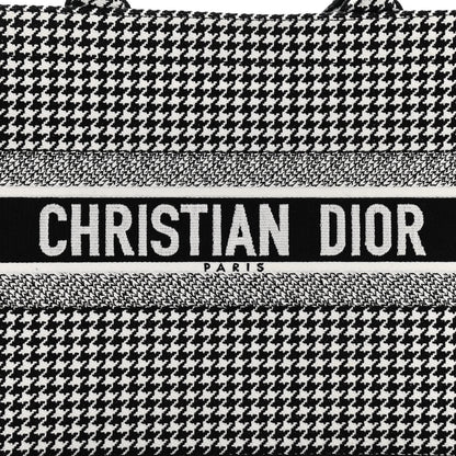 Christian Dior Canvas Houndstooth Embroidered Medium Book Tote Black White 7 of 10