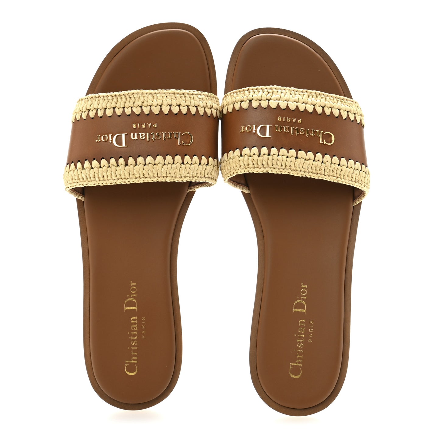 Calfskin Raffia Dioriviera D-Lane Flat Slide Sandals 38 Camel