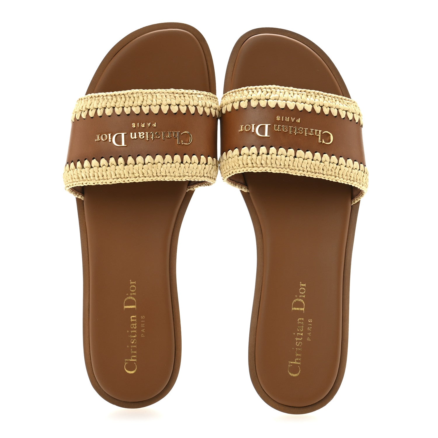 Christian Dior Calfskin Raffia Dioriviera D-Lane Flat Slide Sandals 38 Camel 2 of 9
