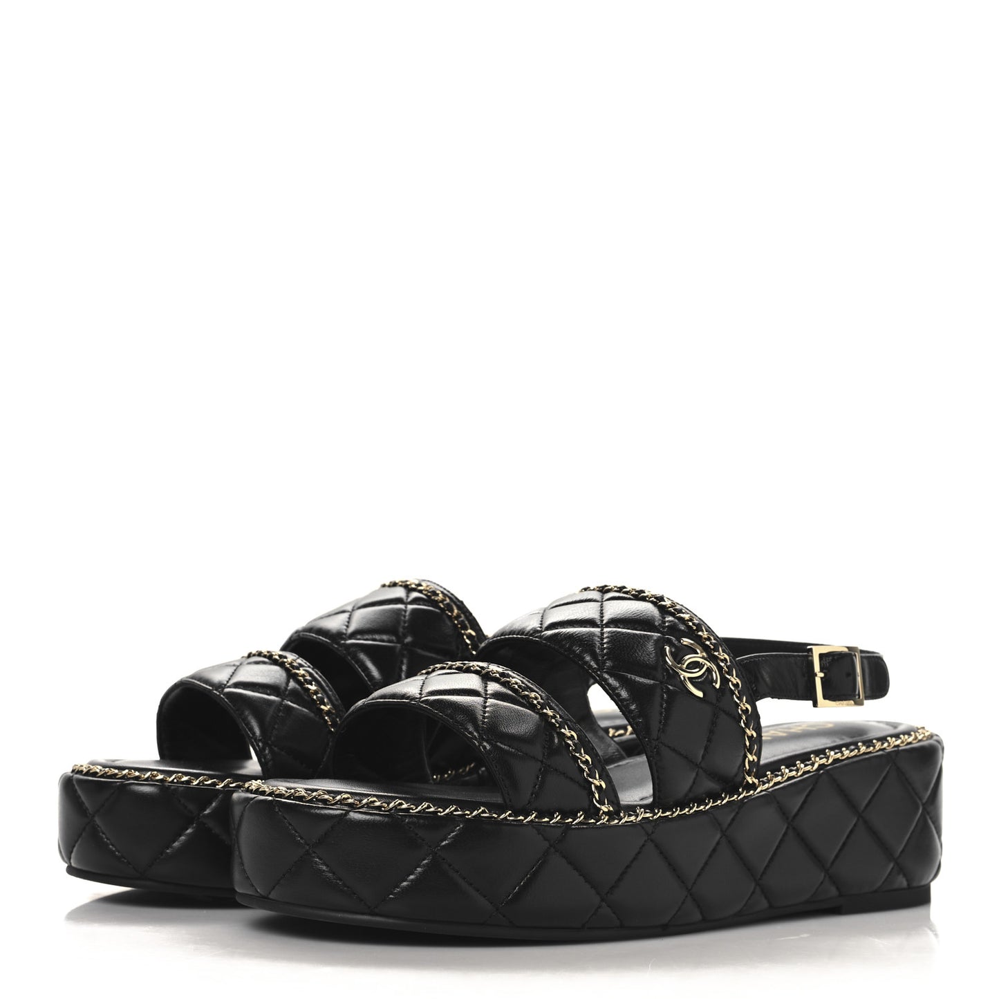Shiny Lambskin Quilted Chain Around CC Platform Sandals 39 Black