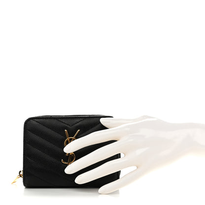 Saint Laurent Grain De Poudre Matelasse Chevron Monogram Compact Zip Around Wallet Black 2 of 8