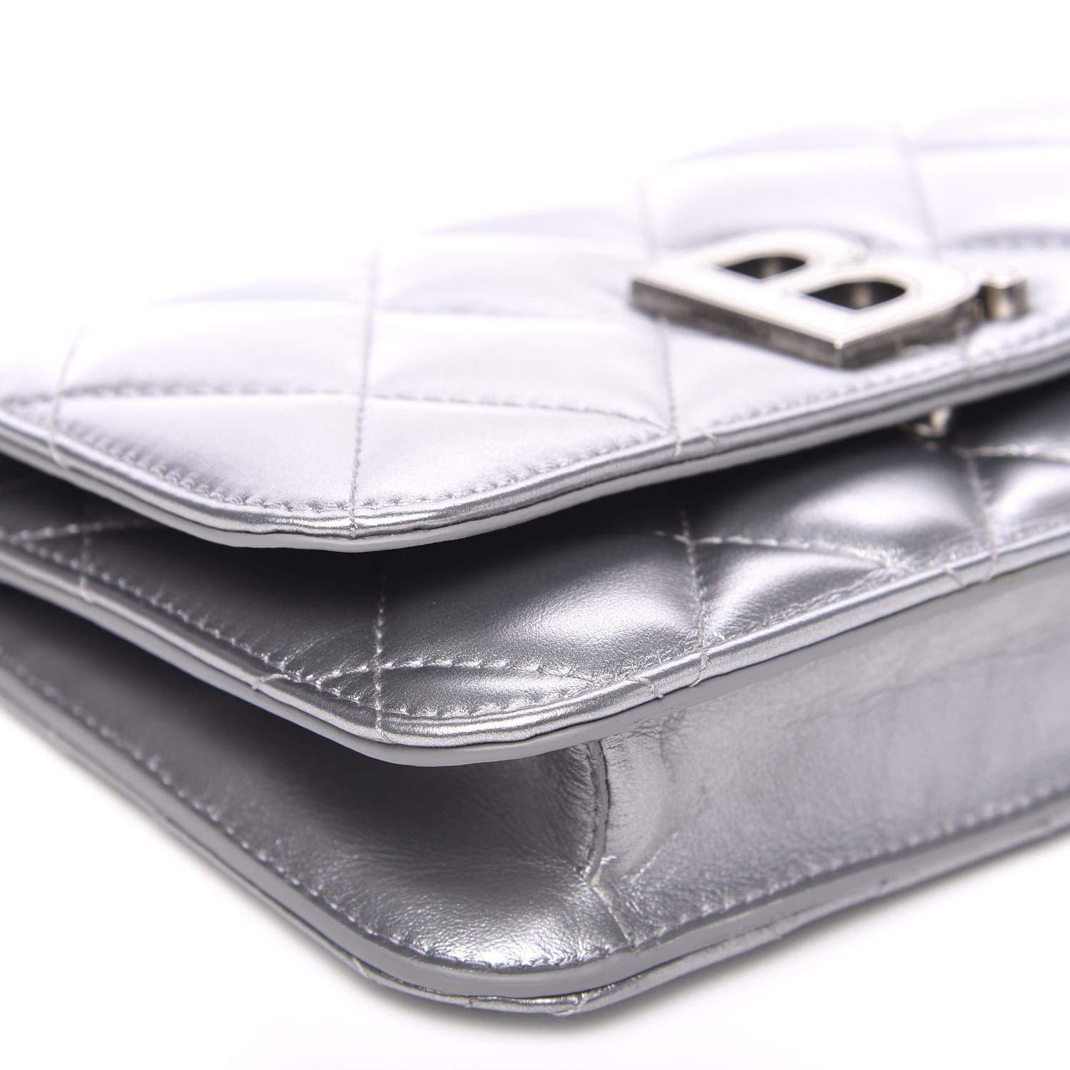 Balenciaga Metallic Calfskin Quilted Touch B Wallet On Chain Silver 7 of 8