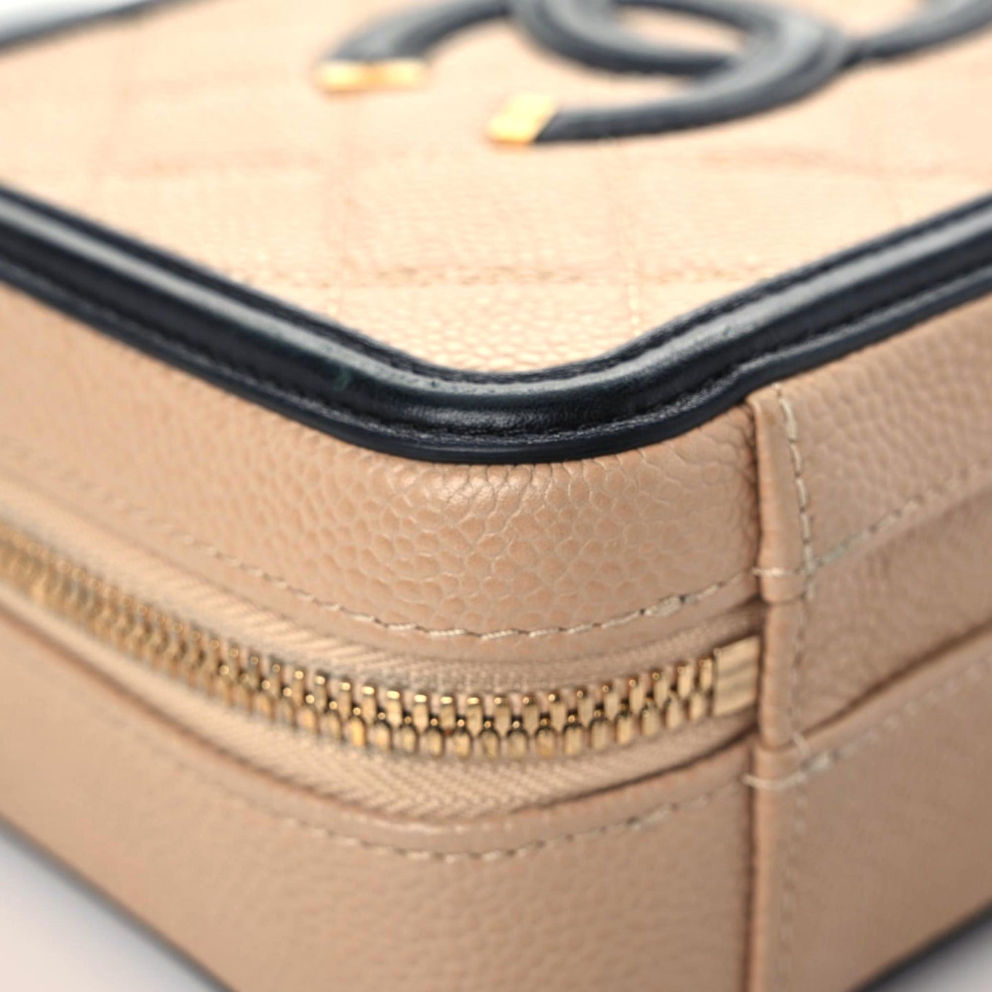 Caviar Quilted Small CC Filigree Vanity Case Beige Black