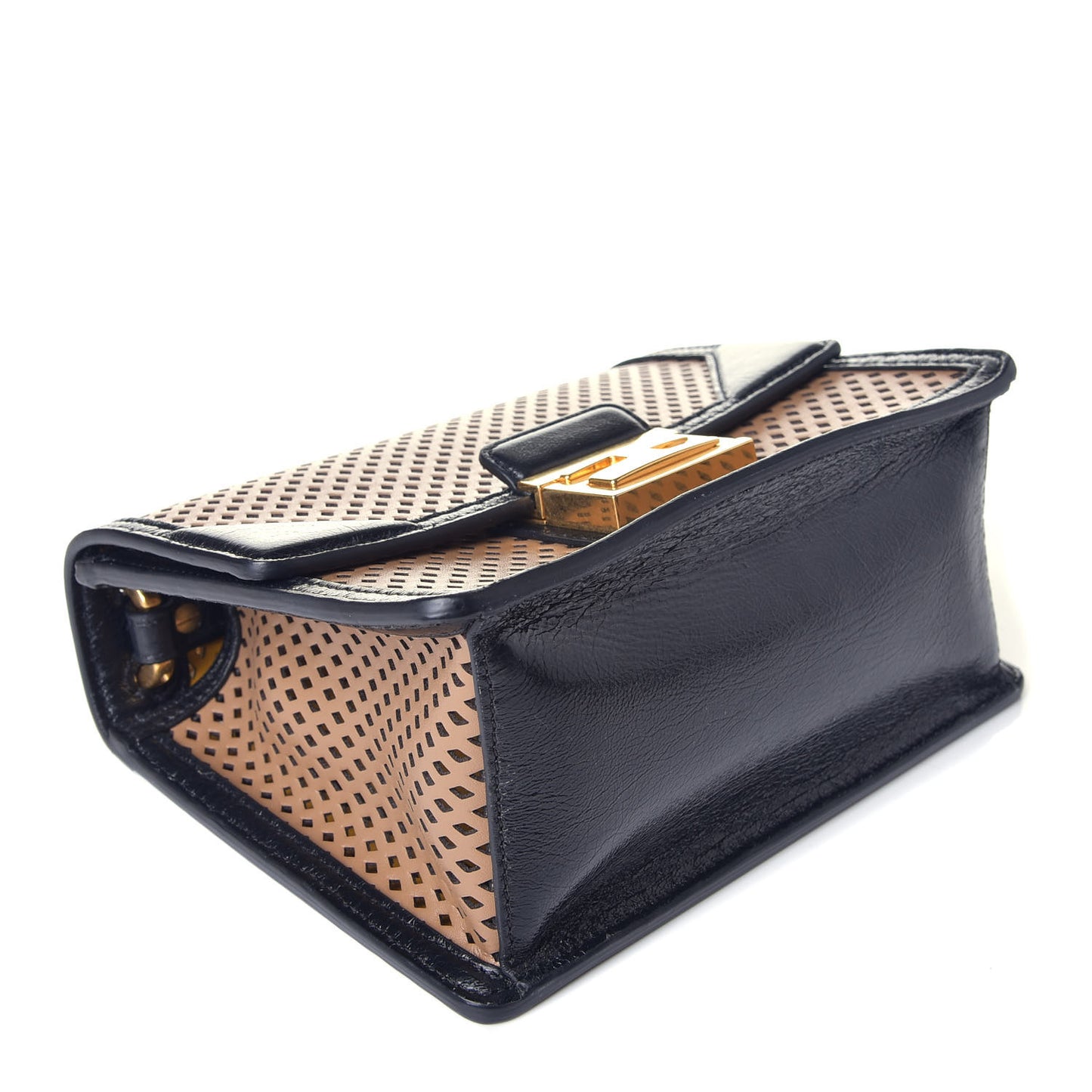 Vitello Liberty Glossy Lambskin Perforated Small Kan U Shoulder Bag Sand Mimosa Black