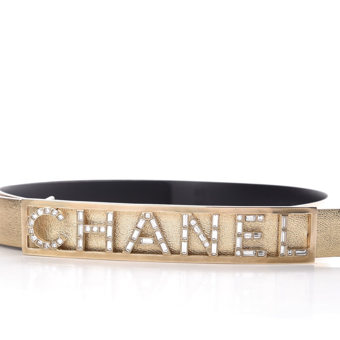 Metallic Lambskin Crystal Baguette Logo Belt 65 26 Gold