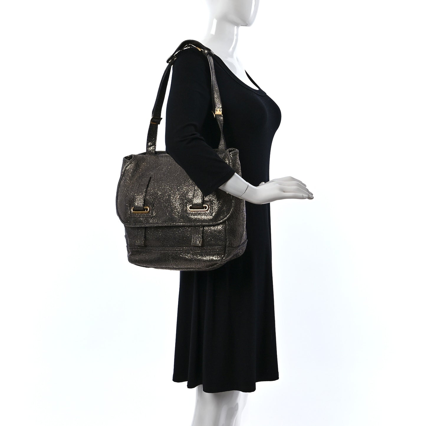 Metallic Calfskin Besace Shoulder Bag Volcano Silver