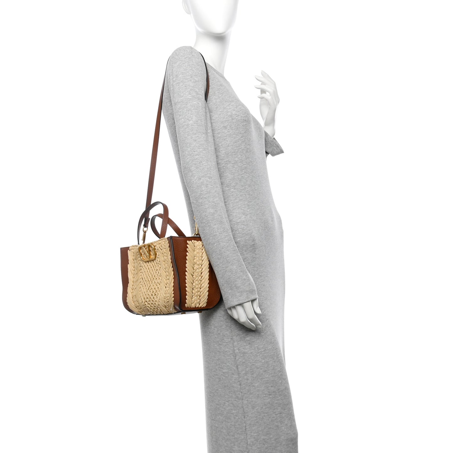 Raffia Calfskin Small Vlogo Signature Tote Natural Saddle Brown