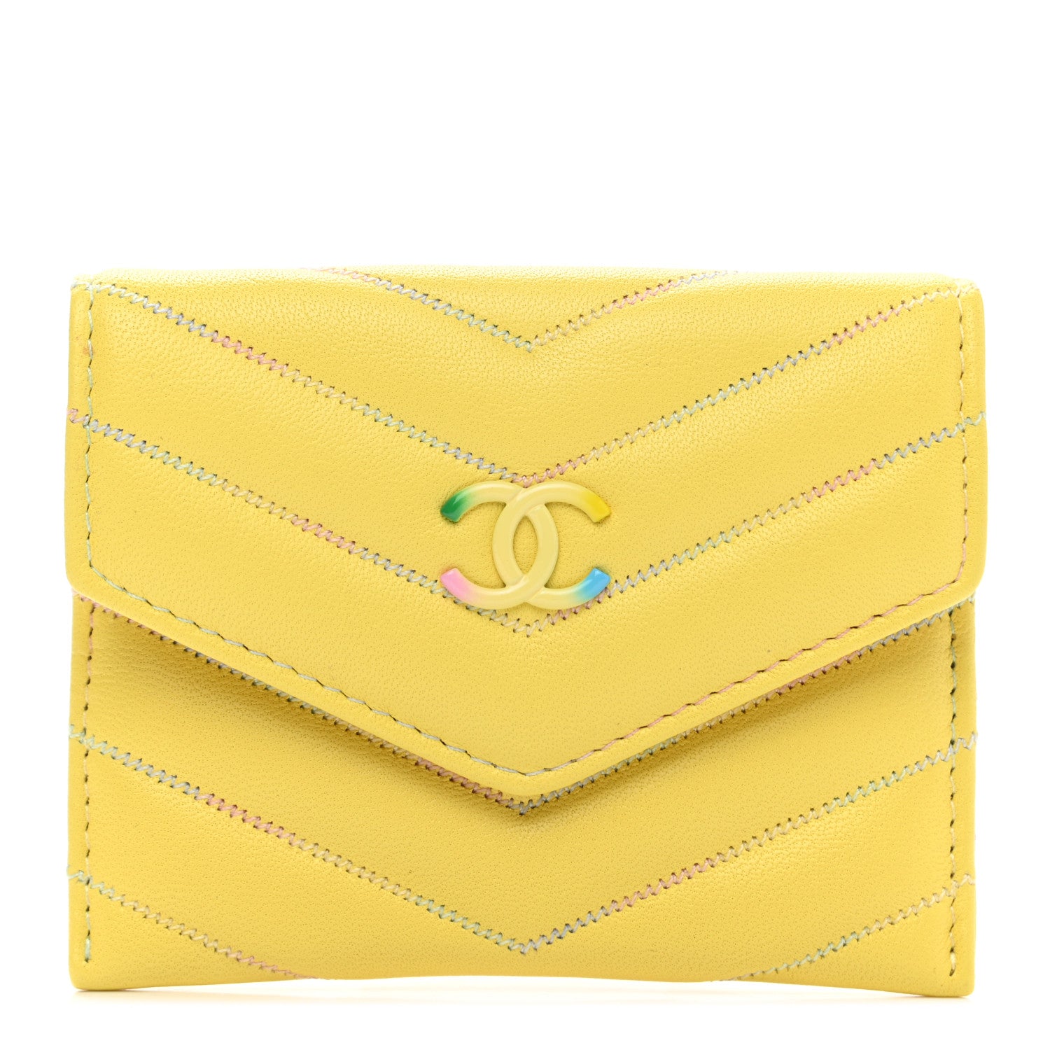 Chanel Lambskin Chevron Quilted Card Holder Yellow 1 of 9