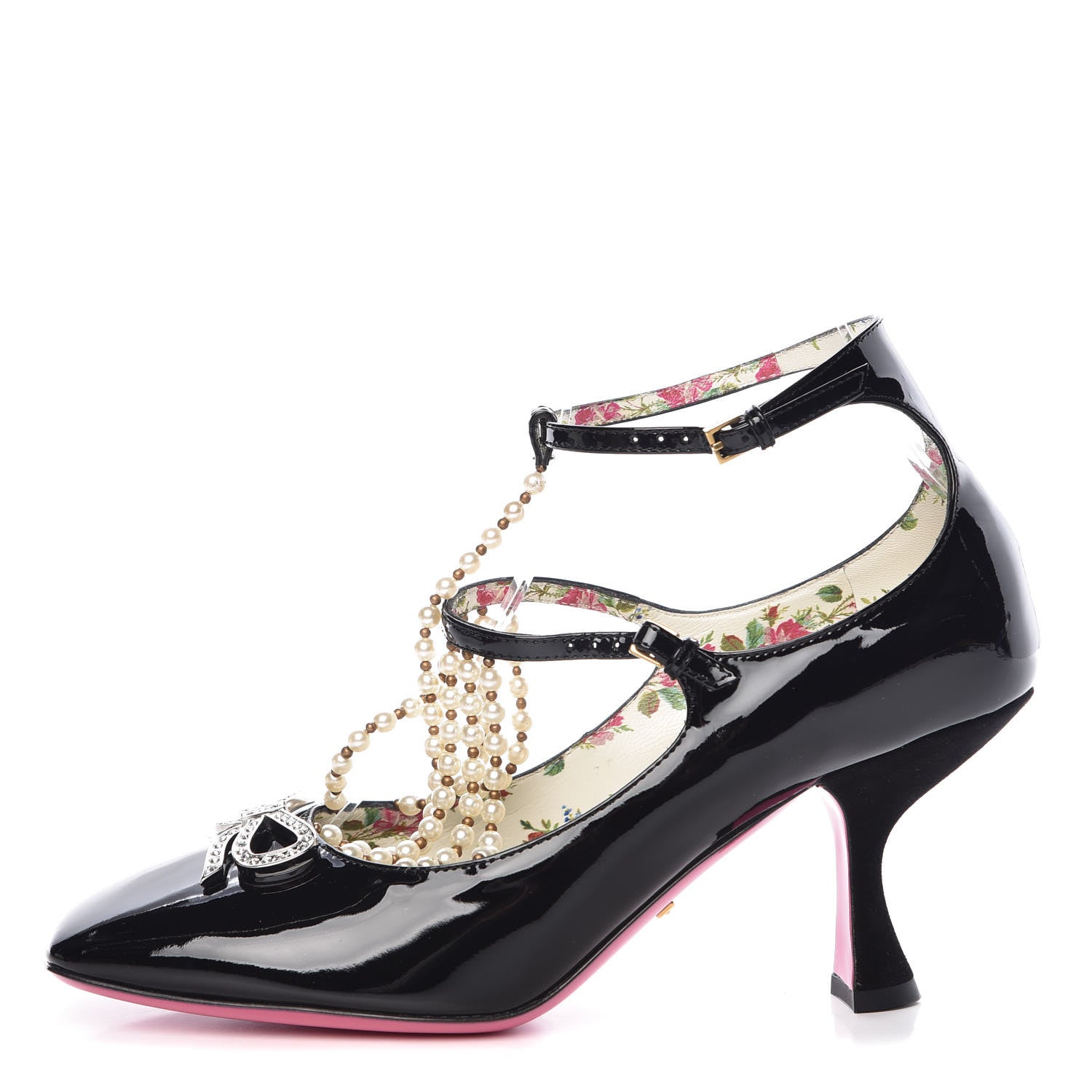 Gucci Patent Pearl Taide T-Strap Mid Heel Pumps 38 Black 1 of 9