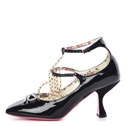 Gucci Patent Pearl Taide T-Strap Mid Heel Pumps 38 Black 1 of 9