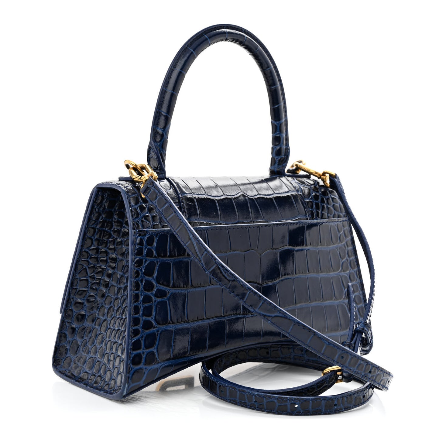 Shiny Calfskin Crocodile Embossed Small Hourglass Top Handle Bag Navy