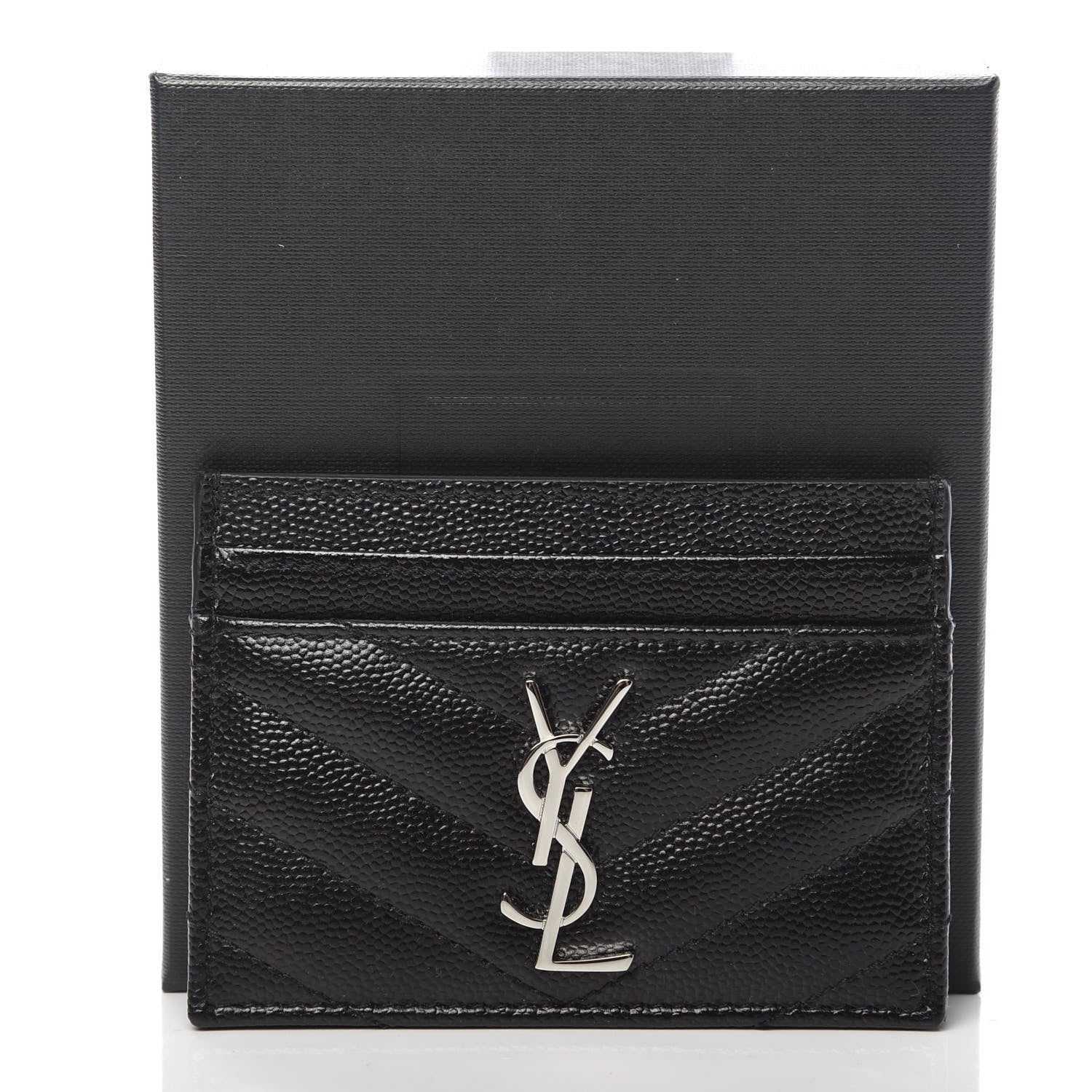 Saint Laurent Grain De Poudre Matelasse Chevron Monogram Credit Card Case Black 8 of 8