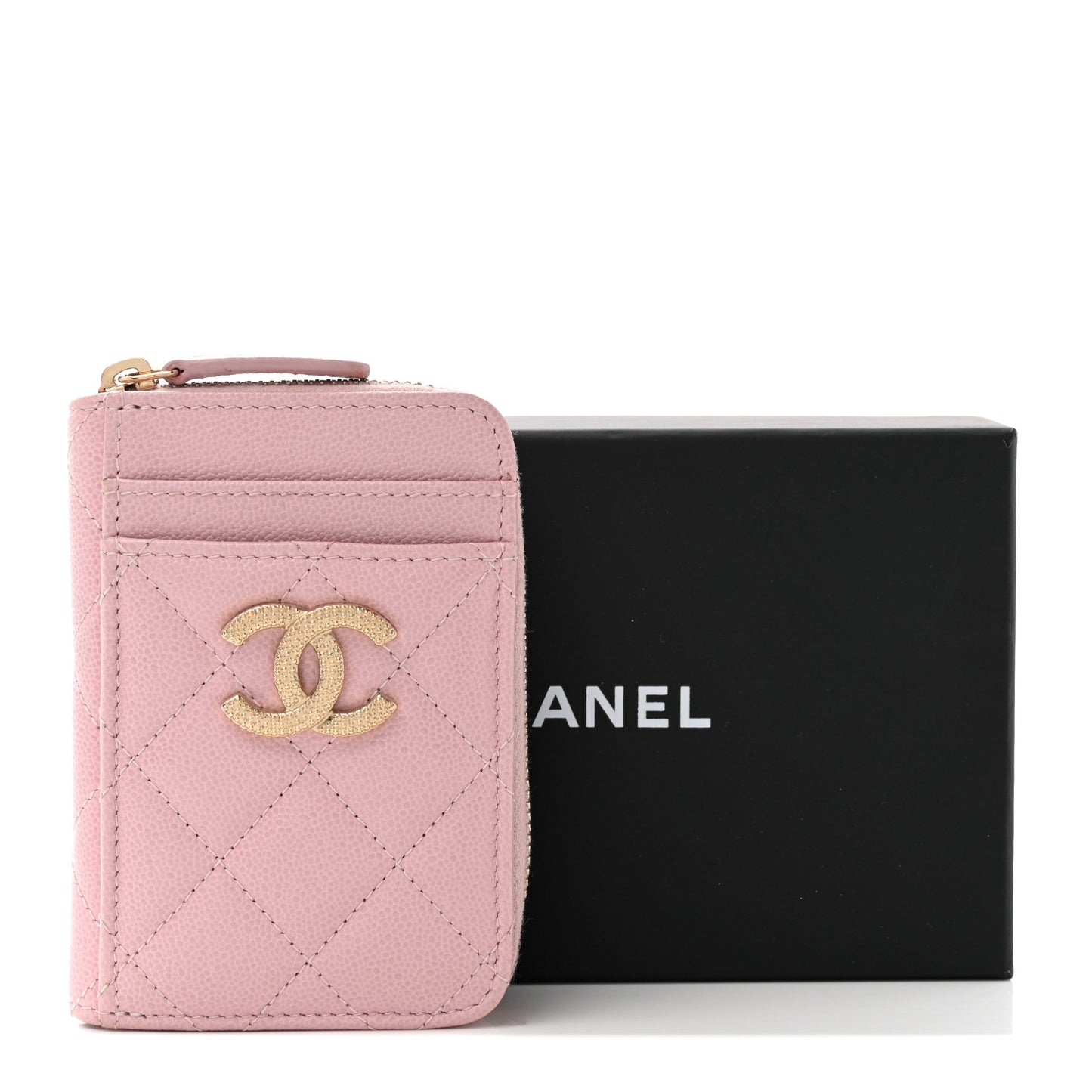 Caviar Quilted Zip Card Holder Pink