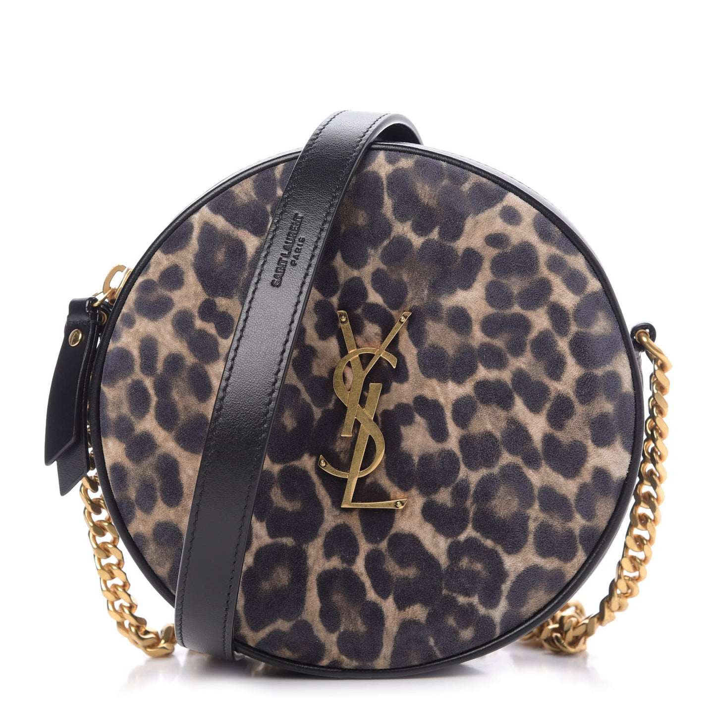 Smooth Calfskin Suede Leopard Print Round Vinyle Camera Bag Black