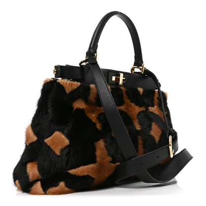 Fendi Mink Velvet Vitello Seta Inlaid Medium Peekaboo Iconic Satchel Tobacco Moro Black 2 of 9