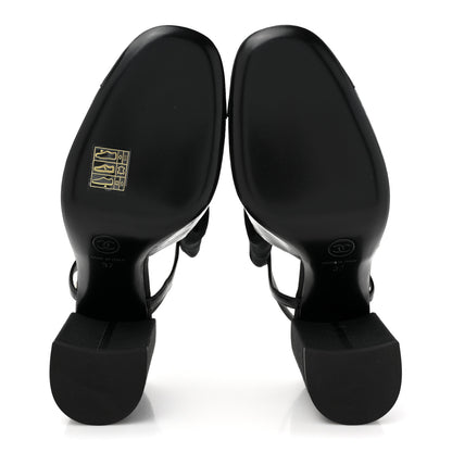 Chanel Crumpled Shiny Fabric Grosgrain Cap Toe Camellia Bow Slingback Pumps 37 Black 5 of 10