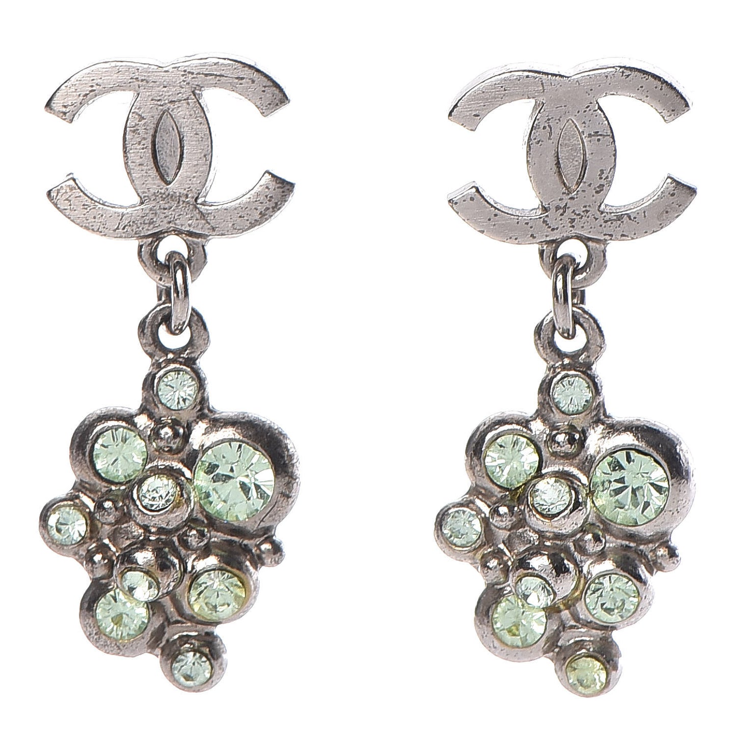 Crystal CC Drop Earrings Silver Green