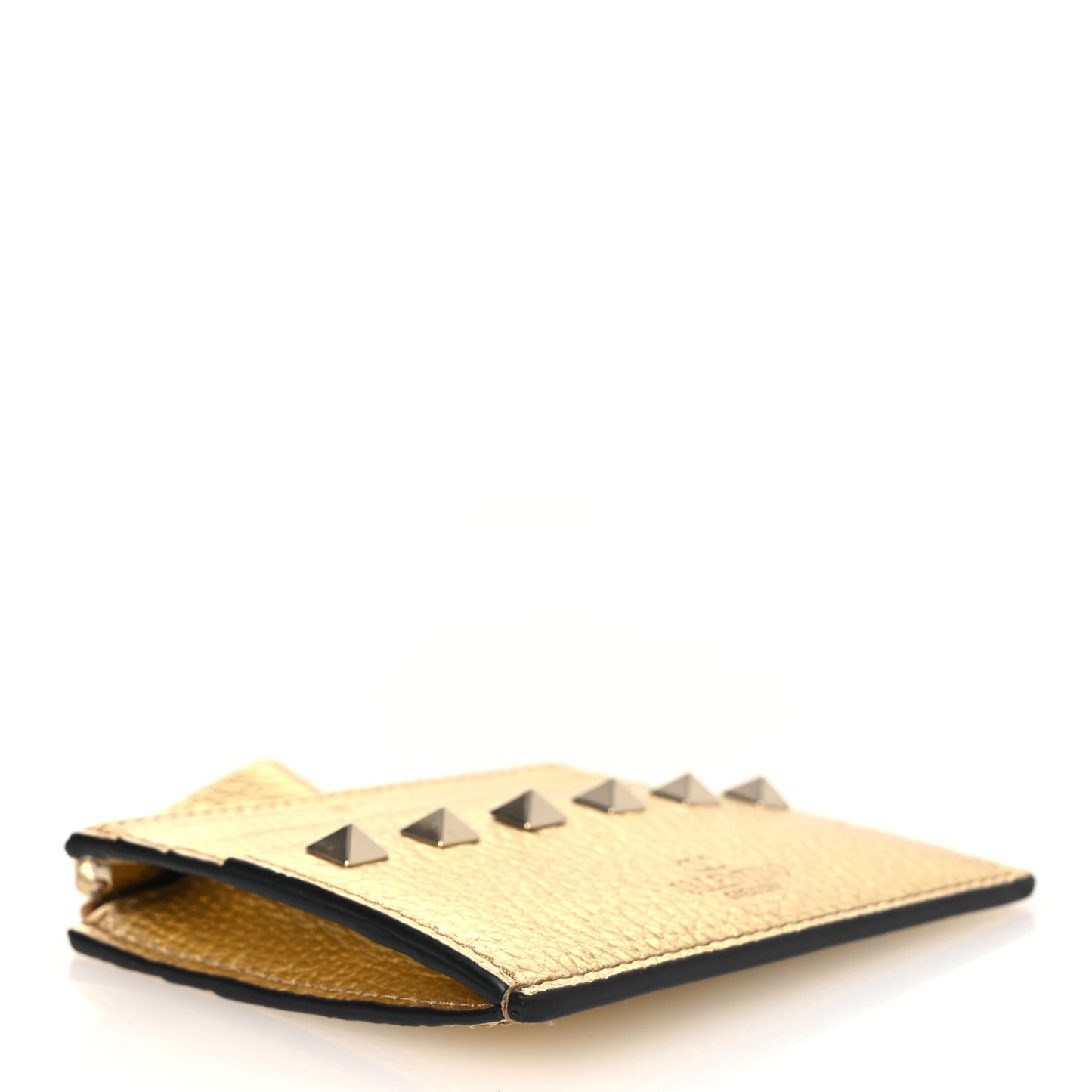 Metallic Pebbled Calfskin Rockstud Card Holder With Zipper Gold