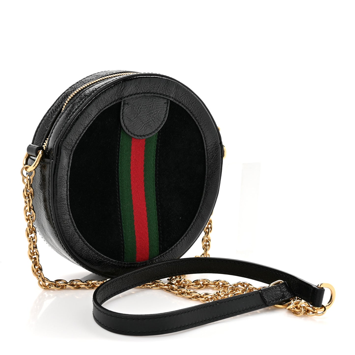 Suede Patent Web Mini Ophidia Round Shoulder Bag Black