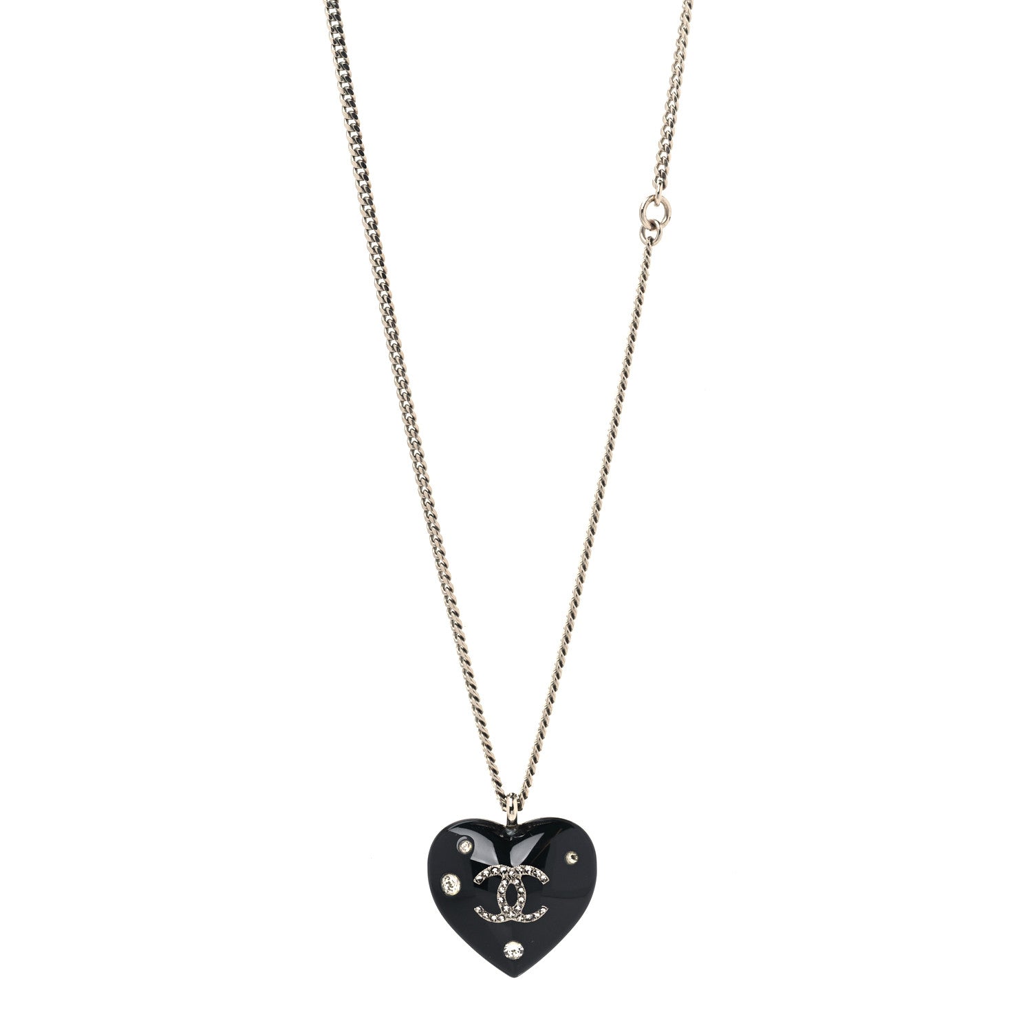 Chanel Resin Crystal CC Heart Necklace Black Silver 1 of 5
