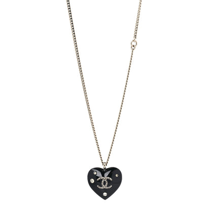 Chanel Resin Crystal CC Heart Necklace Black Silver 1 of 5