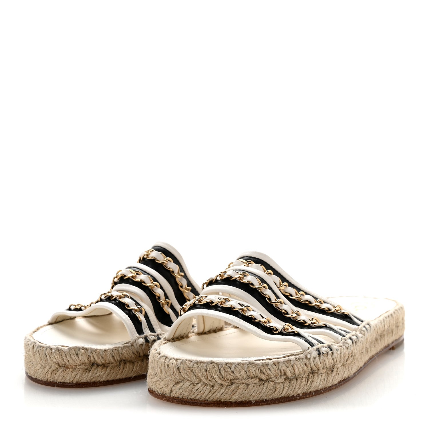 Chanel Lambskin Chain Espadrille Slip On Sandals 39 Black White 4 of 10