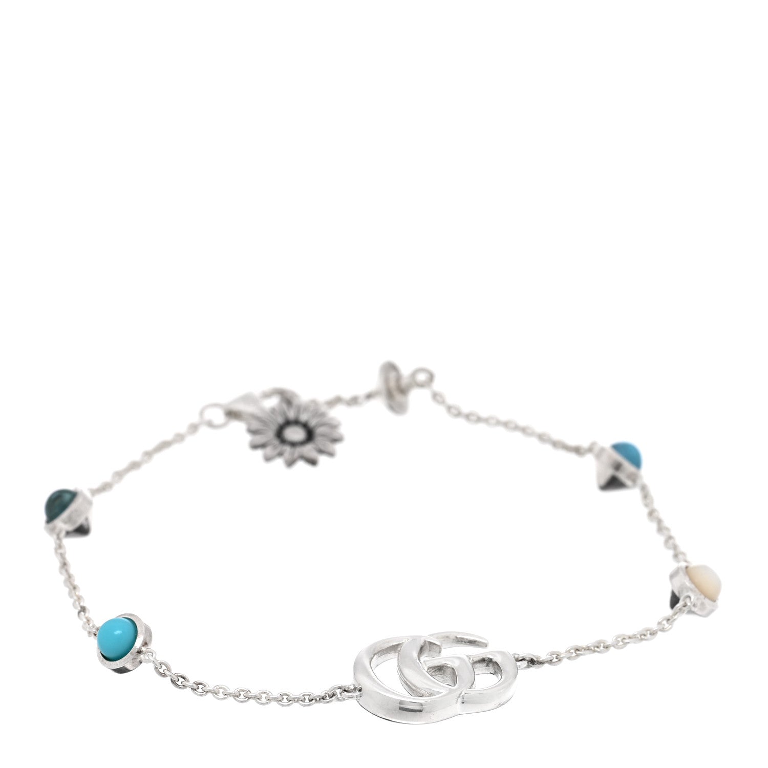 Gucci Sterling Silver Blue Topaz Mother of Pearl Resin Double G Flower Bracelet Turquoise 1 of 4