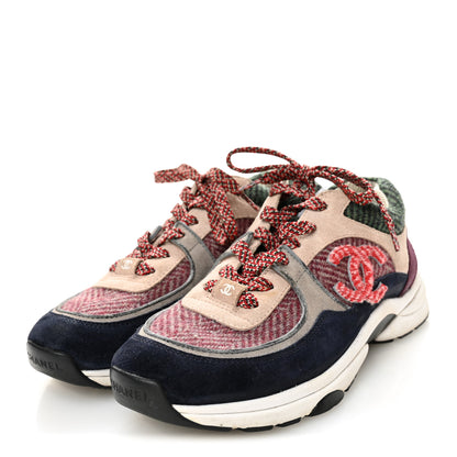 Chanel Tweed Suede CC Sneakers 38.5 Navy Red Multicolor 4 of 8