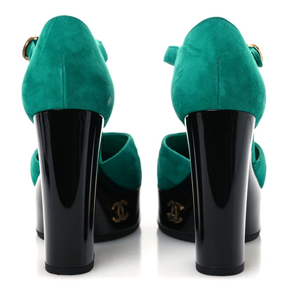 Chanel Suede Kidskin Patent Calfskin CC Platform Pumps 38.5 Green Black 6 of 11